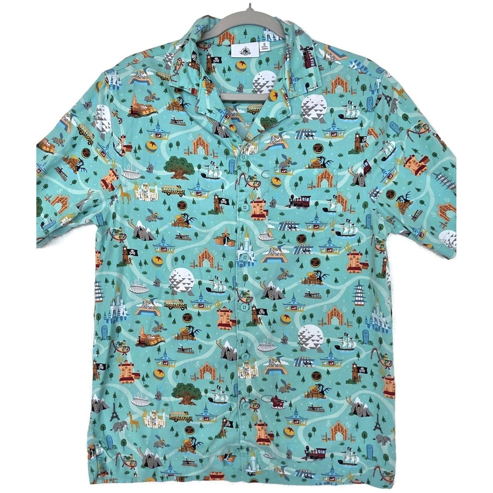 Disney Parks Shirt Mens Small Blue Attractions Map Short Sleeve Button Front